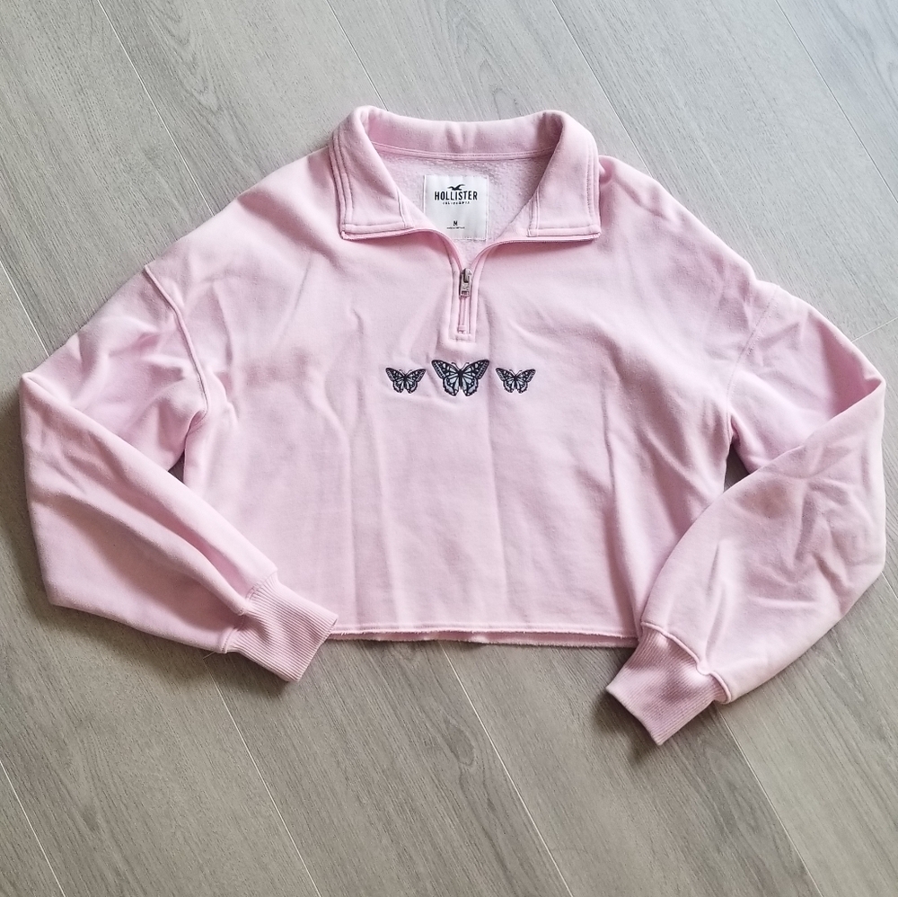 Hollister cropped embroidered butterfly quarter zip